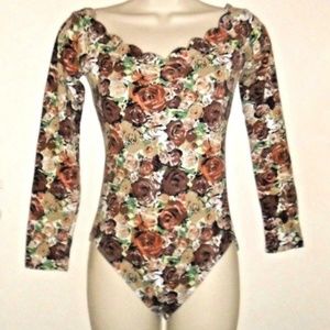 Vintage Rare Floral Print Rose Leotard Bodysuit Snaps
